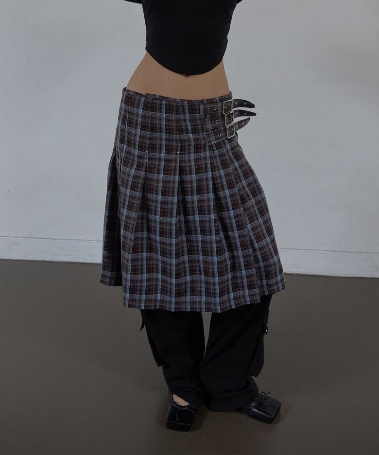 CHECK BUCKLE WRAP SKIRT / BABY BLUE