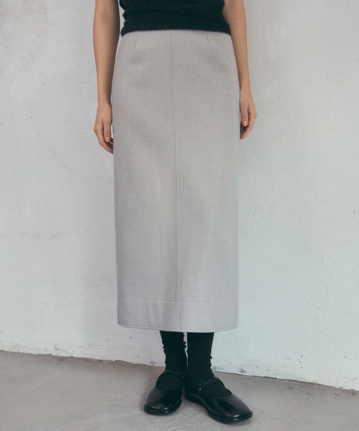 아우어노스텔지아(OURNOSTALGIA) tweed pencil long skirt_Light gray(O25-SK15)