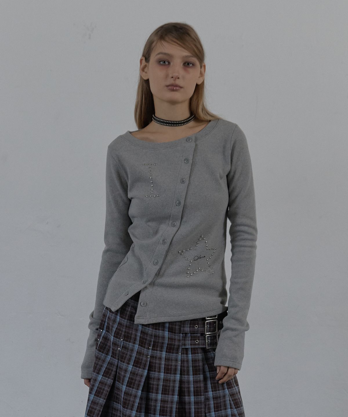 셋업이엑스이(SETUP-EXE) STAR BUTTON TOP / MELANGE GRAY