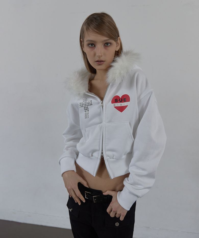 FUR TRIMMING HOODED ZIP-UP / WHITE