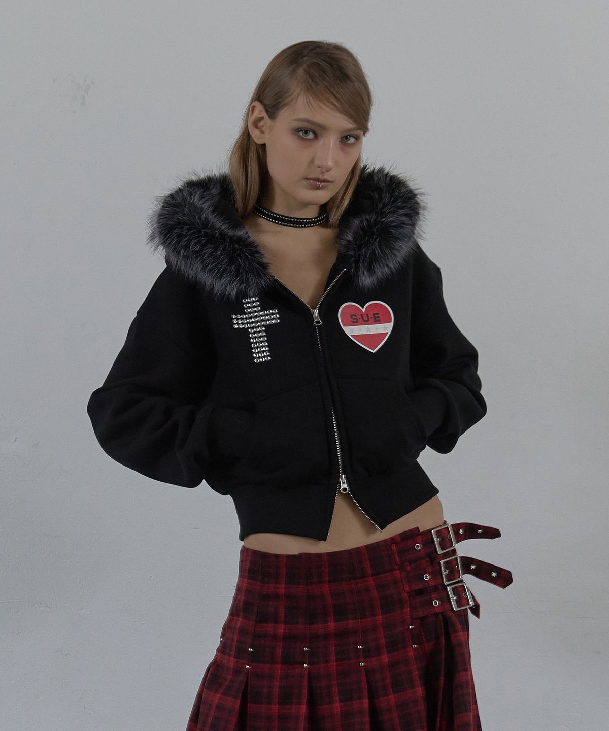 셋업이엑스이(SETUP-EXE) FUR TRIMMING HOODED ZIP-UP / BLACK