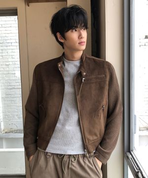 크롭 니트 스웨이드 바이커 자켓_BROWN