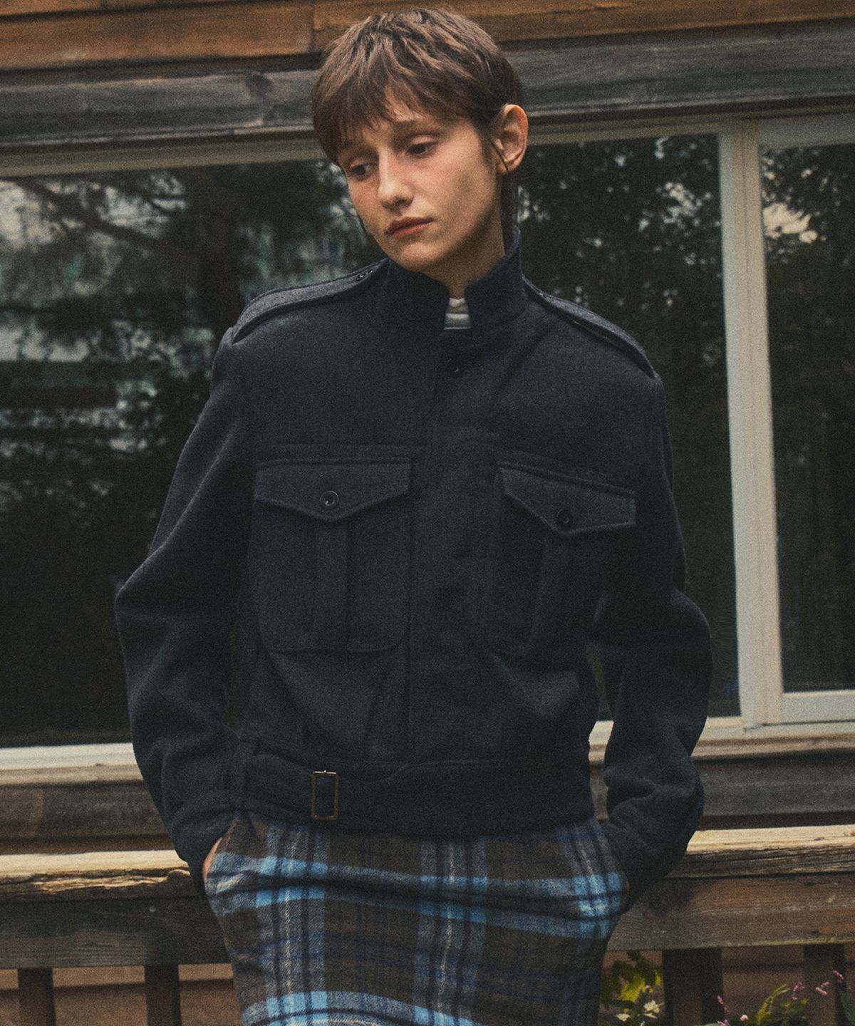 아우어노스텔지아(OURNOSTALGIA) wool navy short jacket_Charcoal