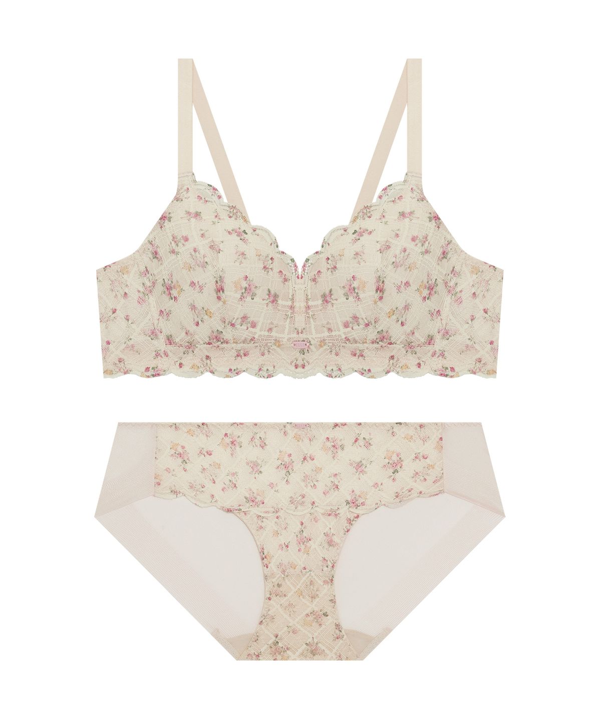 엘르이너웨어(ELLE INNERWEAR) 소프트핏 플로럴 노와이어 레이스 브라 팬티 세트
