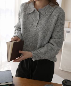 카라넥 헤어리 소프트 버튼 니트 티셔츠_2Color