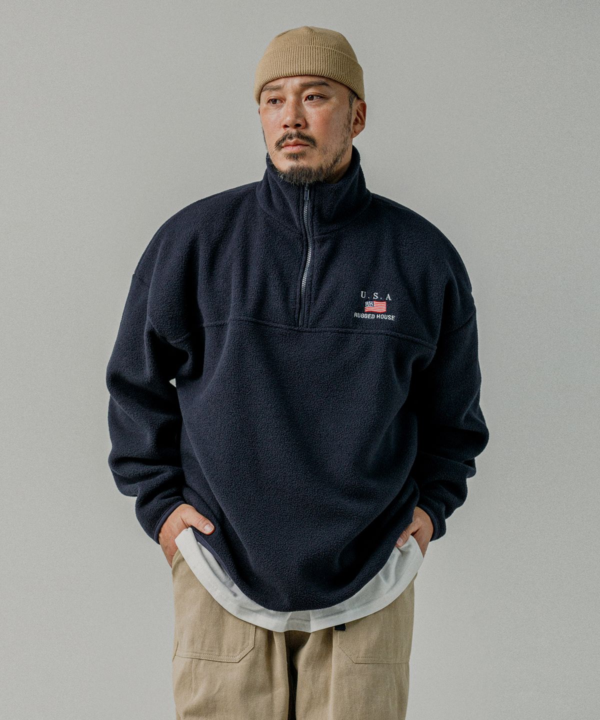 러기드하우스(RUGGED HOUSE) 더블 플리스 하프 집업 네이비