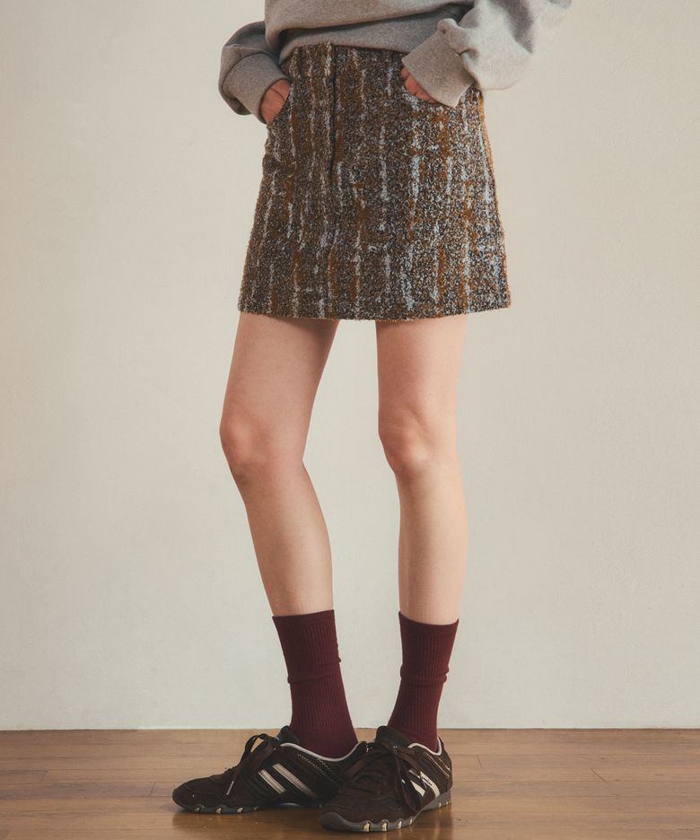 fur denim short skirt_Brown