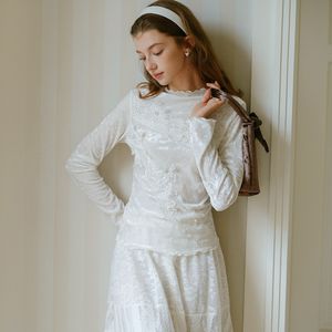 Cest_Lace flower velvet long sleeve top