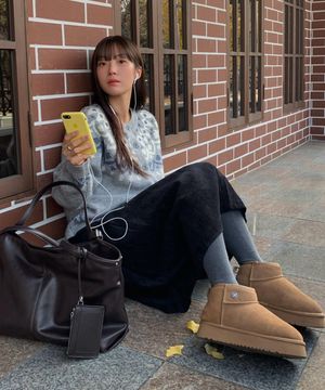 플랫폼 리벳 소가죽 털 부츠 (카멜)