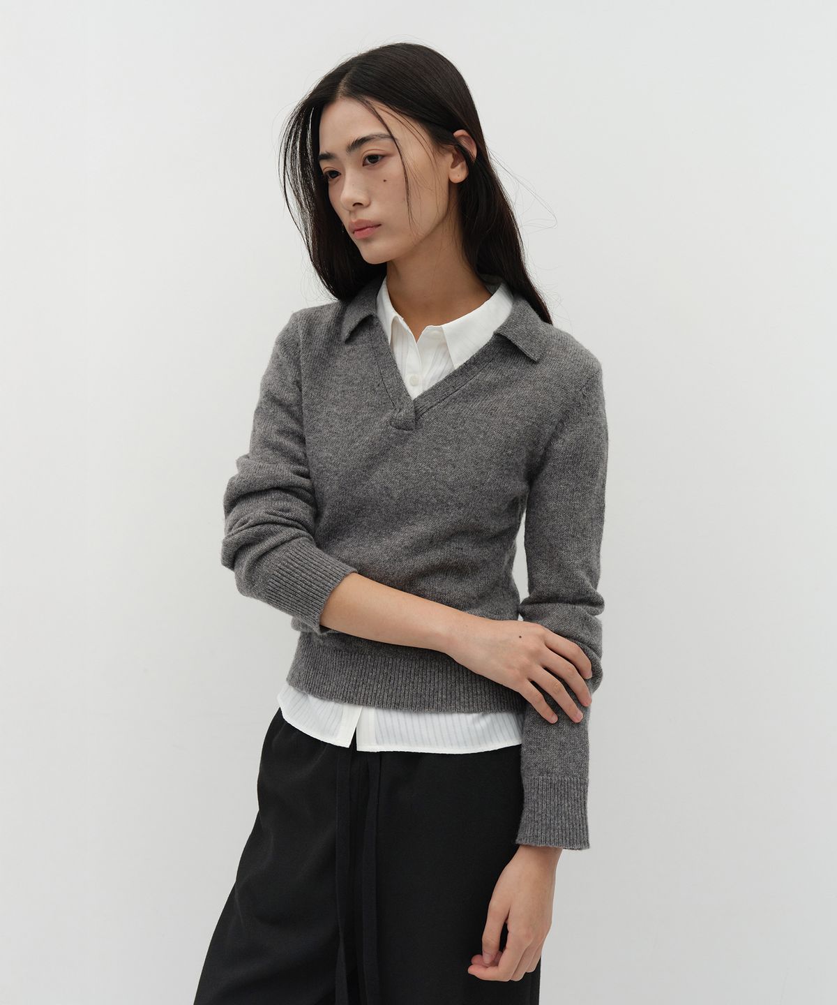 로우타이드(LOW TIDE) V NECK COLLAR KNIT [GREY]