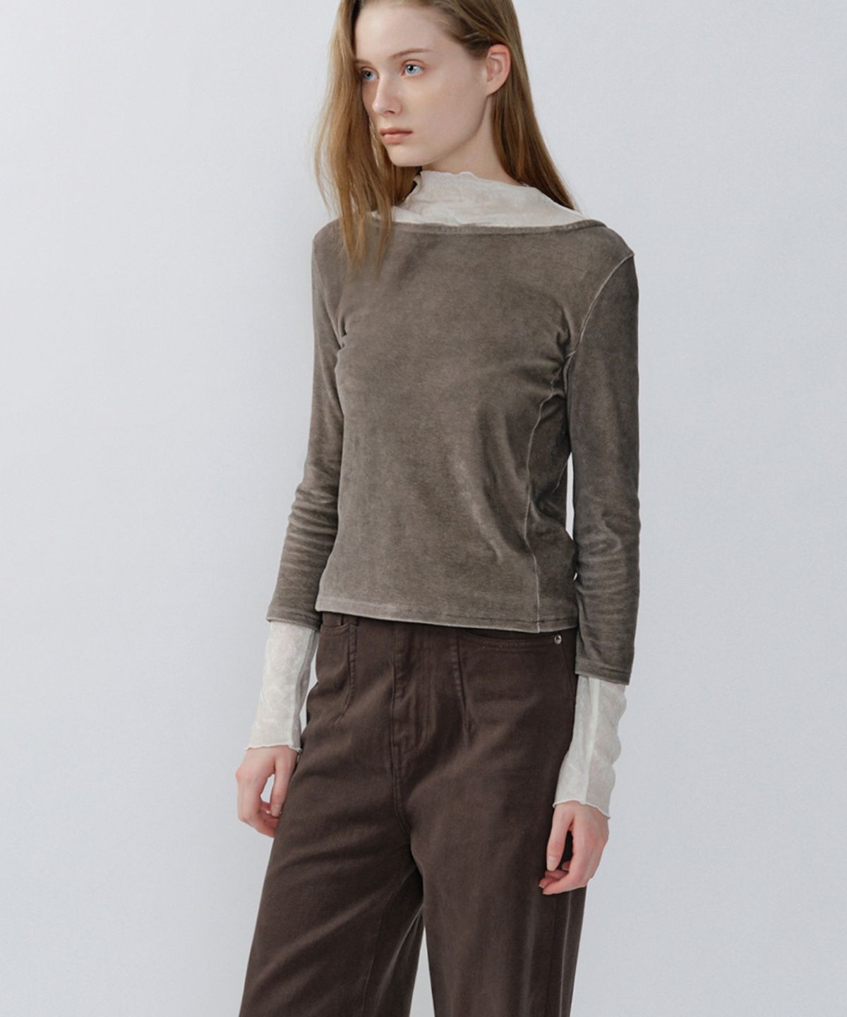이어닝(YEARNING) WASHING VELVET 3/4 SLEEVE TOP, SANDSTONE