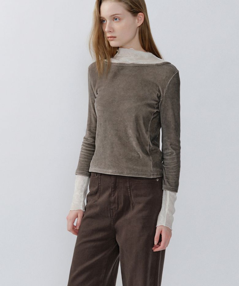 WASHING VELVET 3/4 SLEEVE TOP, SANDSTONE