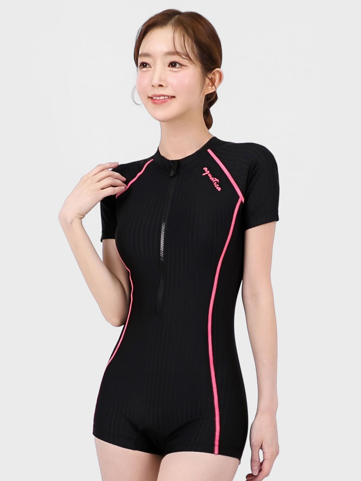 아쿠아티카(AQUATICA) 여성 2부 반팔 집업 수영복 AQA27514 일반용수경 파우치 코클립 7종세트