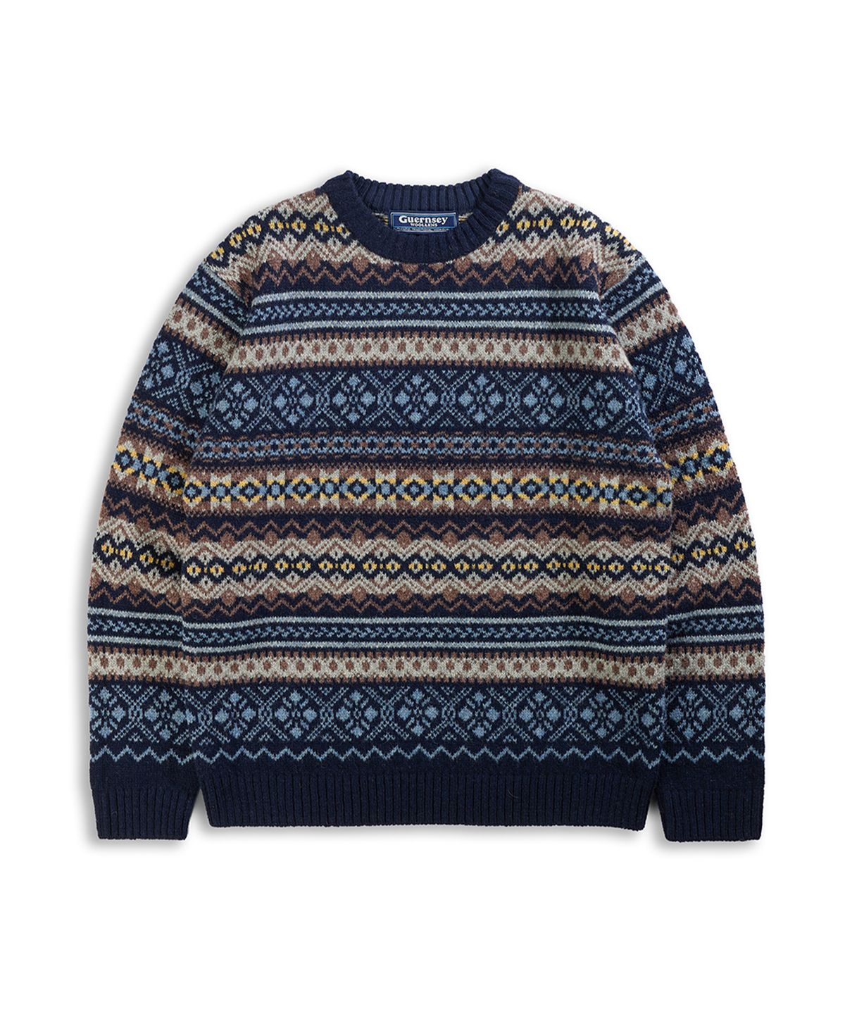 건지 울른스(Guernsey Woollens) 포트도일 페어아일 크루넥 스웨터 - 네이비