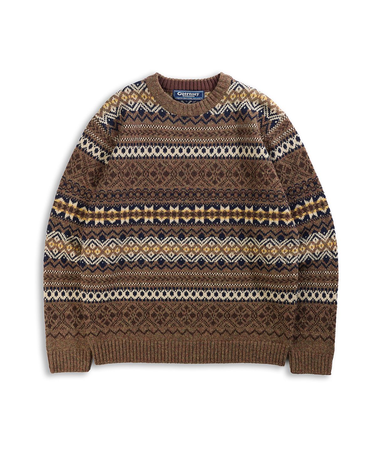 건지 울른스(Guernsey Woollens) 포트도일 페어아일 크루넥 스웨터 - 브라운