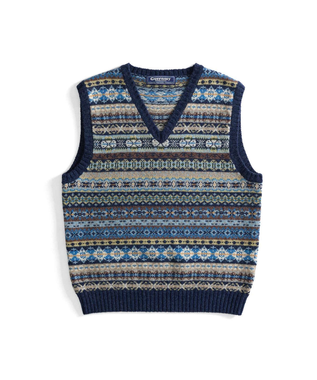 건지 울른스(Guernsey Woollens) 세인트피터 페어아일 브이넥 베스트 - 네이비