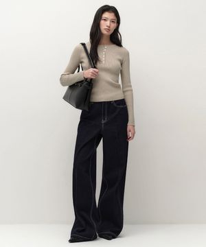 우먼즈 프레스 크리즈 와이드 데님 팬츠 [딥 인디고]