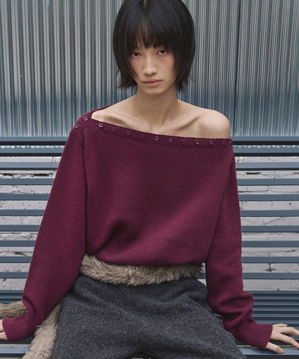 이어닝(YEARNING) MERINO WOOL BUTTON KNIT, PLUM