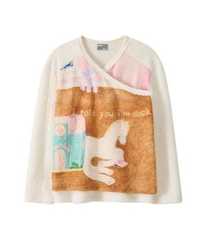 V-Neck Lace Knit Long Sleeve_Cream Horse