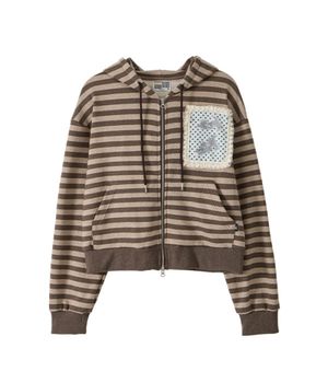 Lace Frame Stripe Hood Zip-Up_Brown
