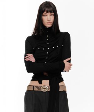 LENA SHIRRING HIGH NECK TOP (BLACK)