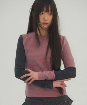 단가라 컬러 배색 포인트 래글런 링거 롱슬리브 긴팔 티셔츠 [핑크]