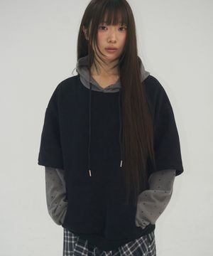 도트 패턴 배색 레이어드 언발란스 기모 후드 티셔츠_2COLOR