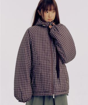 윈도우 페인 체크 포인트 패디드 오버핏 캐주얼 후드 패딩 점퍼 [와인]