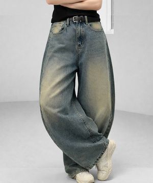 옐로우 워싱 커브드 핀턱 와이드 데님 팬츠