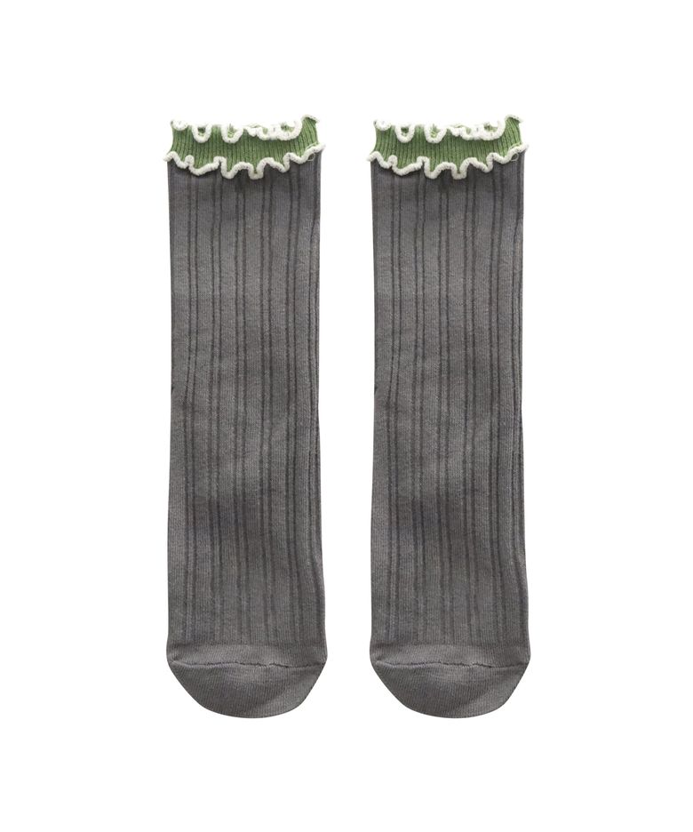 [2EA 1SET]RETRO FRILL RIB SOCKS_CHARCOAL