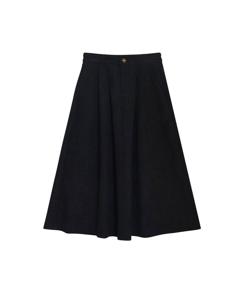 VINTAGE TUCKED CORDUROY LONG SKIRT_BLACK