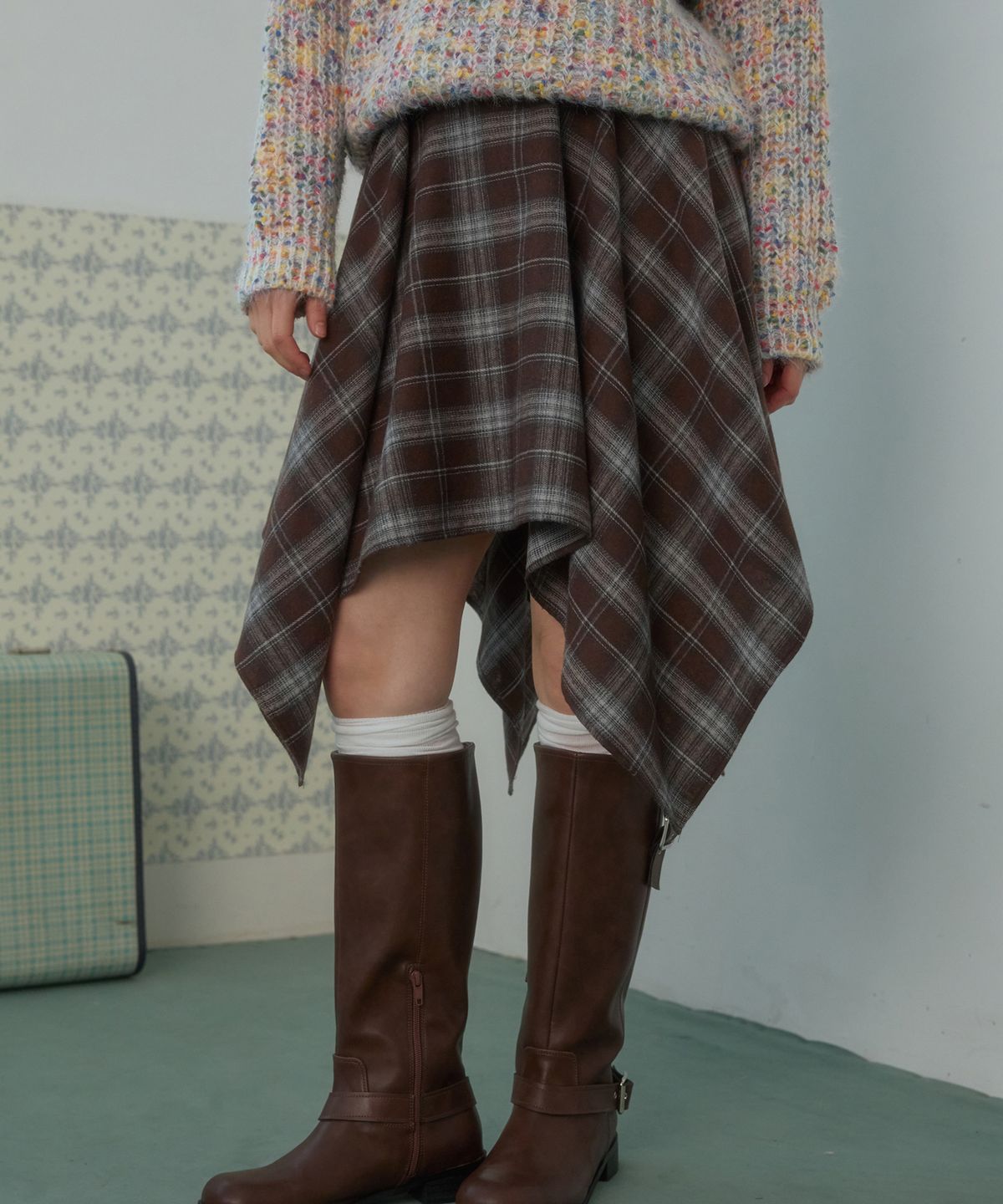 핑크파인애플(PINK PINEAPPLE) FROST CHECK LAYERED SKIRT_BROWN
