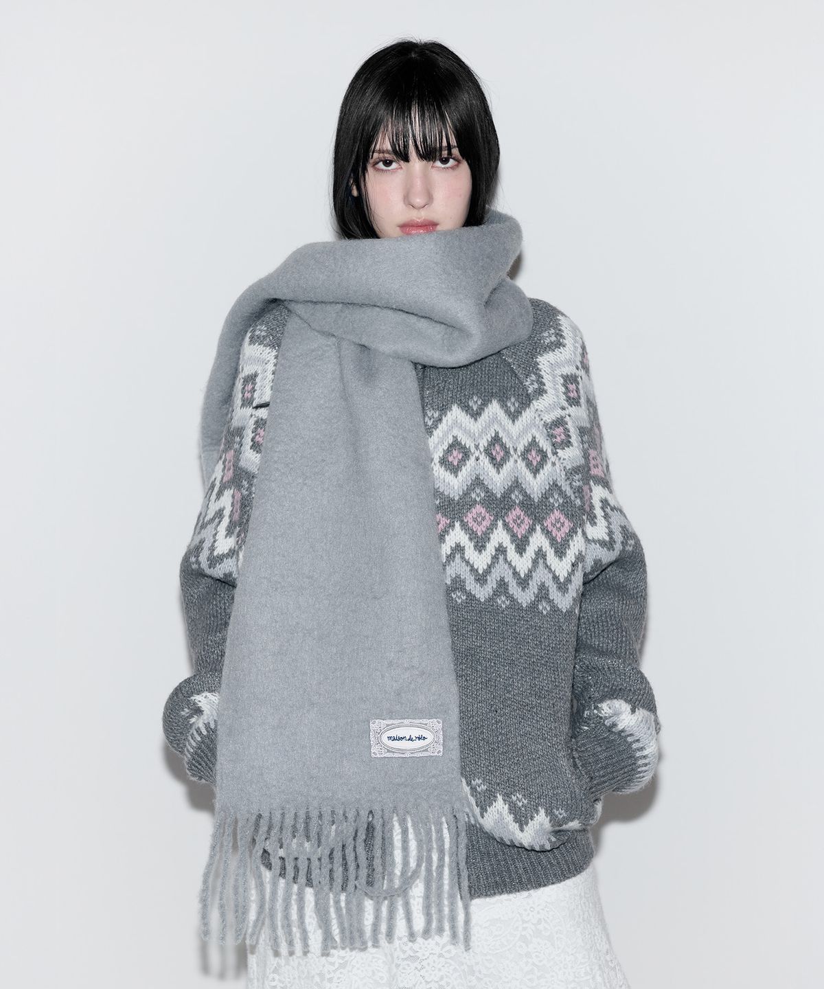 로라로라(ROLAROLA) LACE LABEL HAIRY MUFFLER GRAY