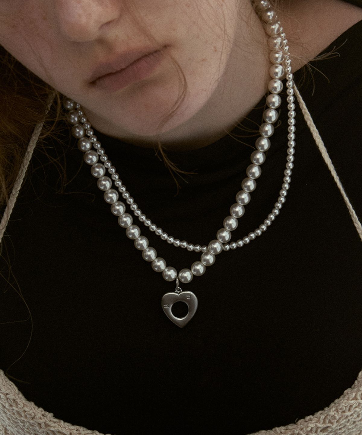 엔프프(NFF) heart double pearl necklace-silver