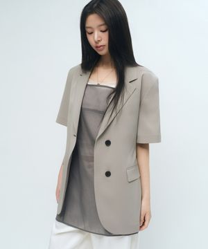 우먼즈 슬릭 벨티드 반소매 블레이저 [그레이쉬 베이지]