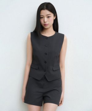 우먼즈 라운드 넥 테일러드 베스트 [그레이]