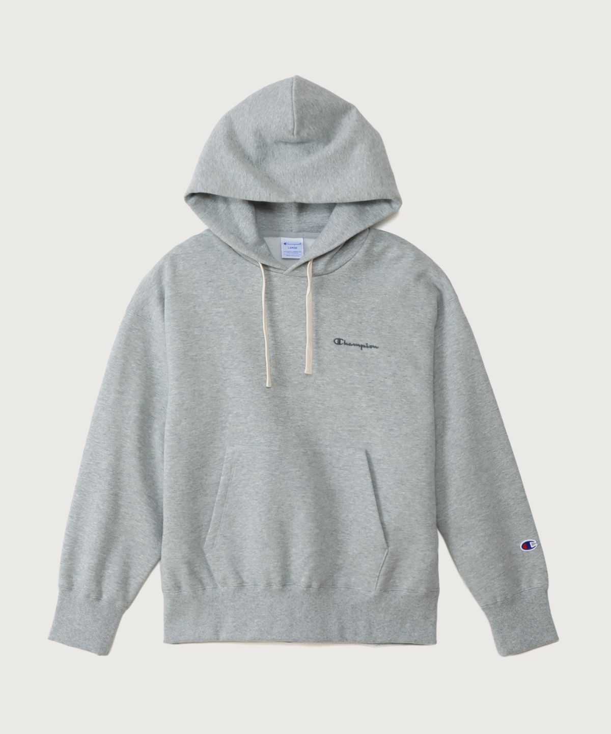 챔피온(CHAMPION) 여성 스몰 스크립트 로고 루즈핏 기모 후드 티셔츠 Oxford Grey