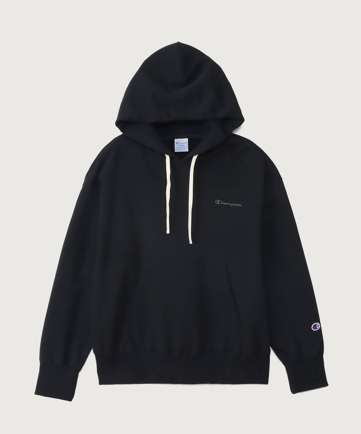 챔피온(CHAMPION) 여성 스몰 스크립트 로고 루즈핏 기모 후드 티셔츠 Black