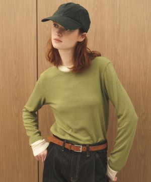 배색 레이어드 티셔츠_올리브