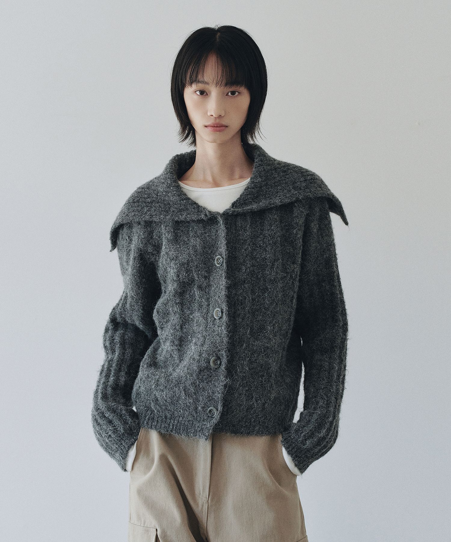 MUSINSA | NEEV Sailor Collar Wool Knit Cardigan (Charcoal)