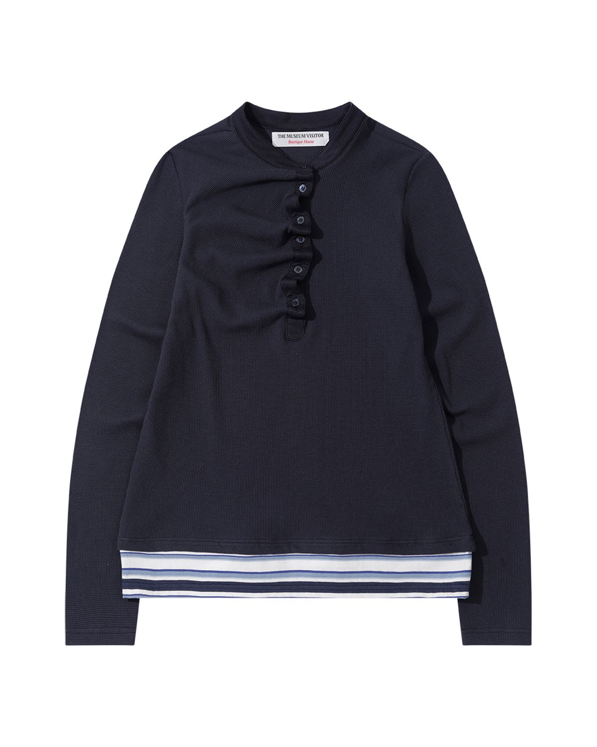 더뮤지엄비지터(THEMUSEUMVISITOR) BUTTON NECK LAYERED LONG SLEEVE (NAVY)