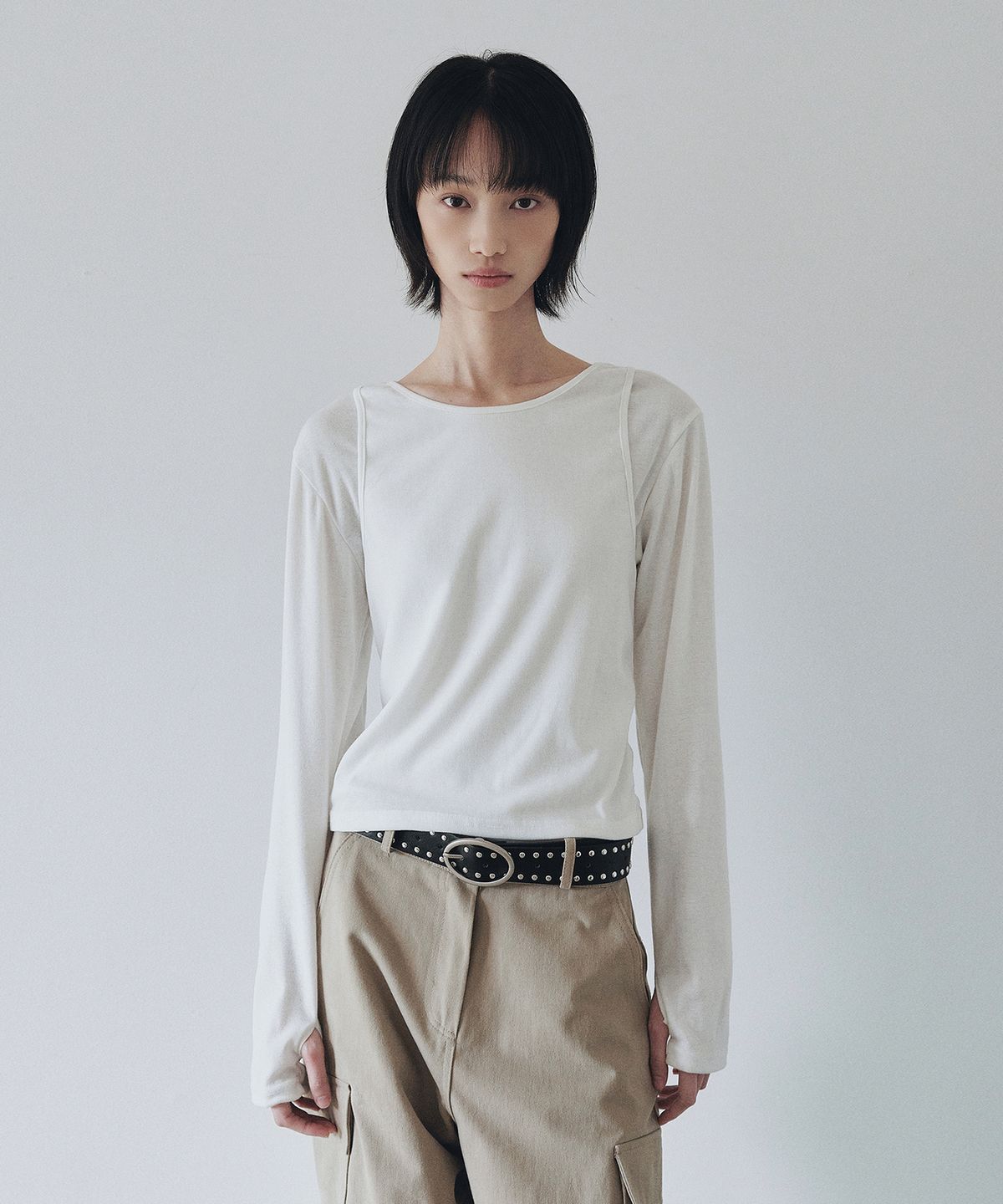 니브(NEEV) Back String Layered T-Shirt Set (Ivory)