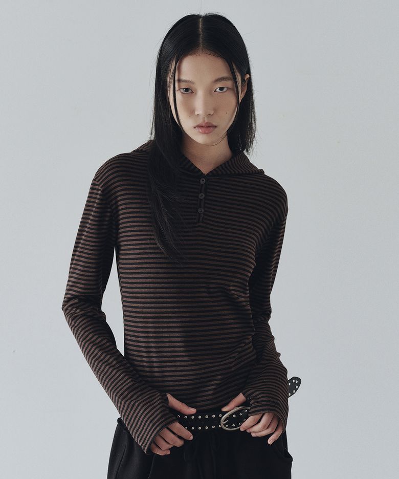 Button Stripe Hooded T-Shirt (Brown)