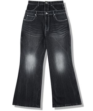 [구빈x준철] 빈티지 워시드 더블 레이어 플레어진 - 흑청