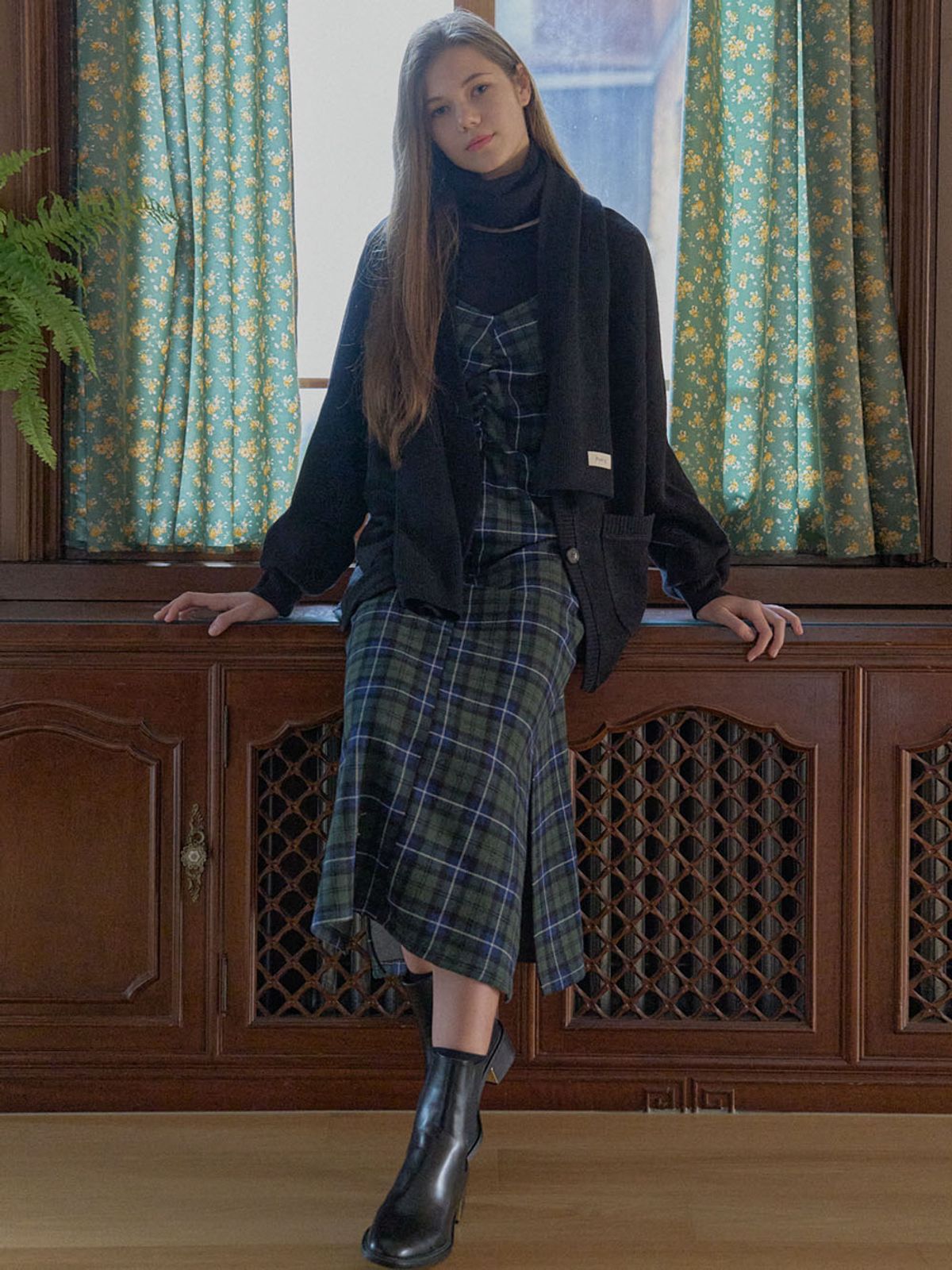 아방(AVANT-G) Tartan Check Shirring Dress - GREEN