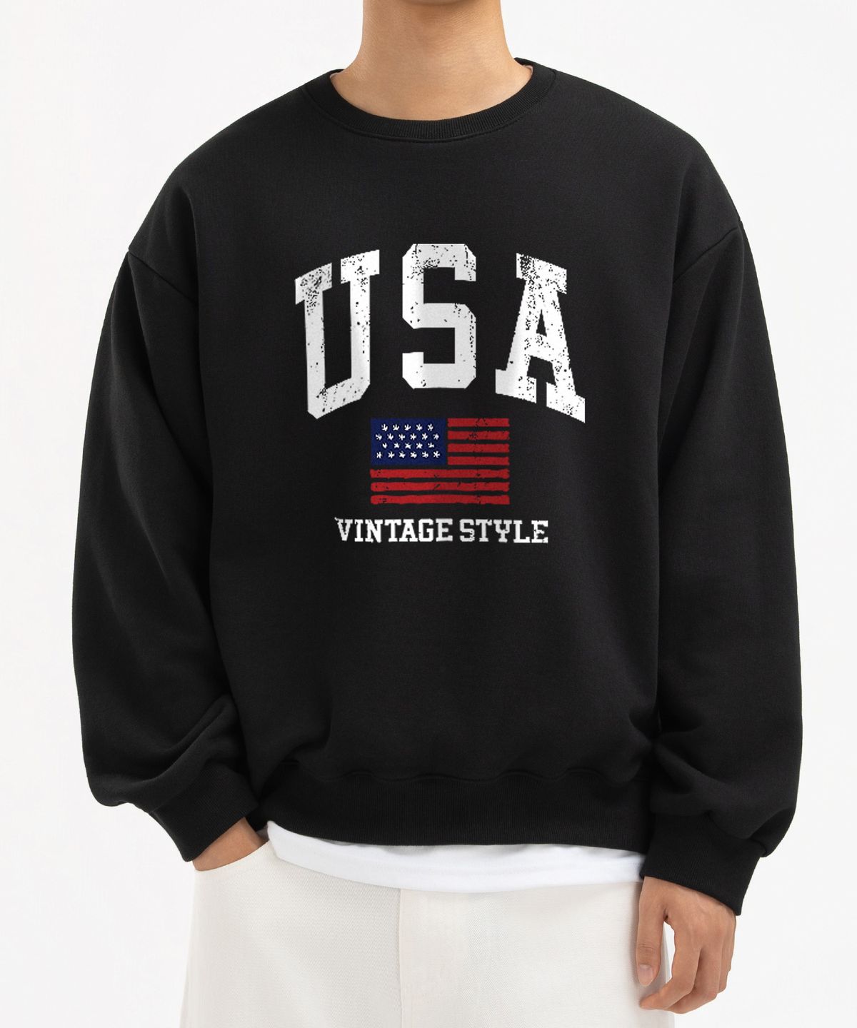 언더오프(UNDEROFF) 피치스킨 에센셜 빈티지USA 기모 맨투맨 블랙