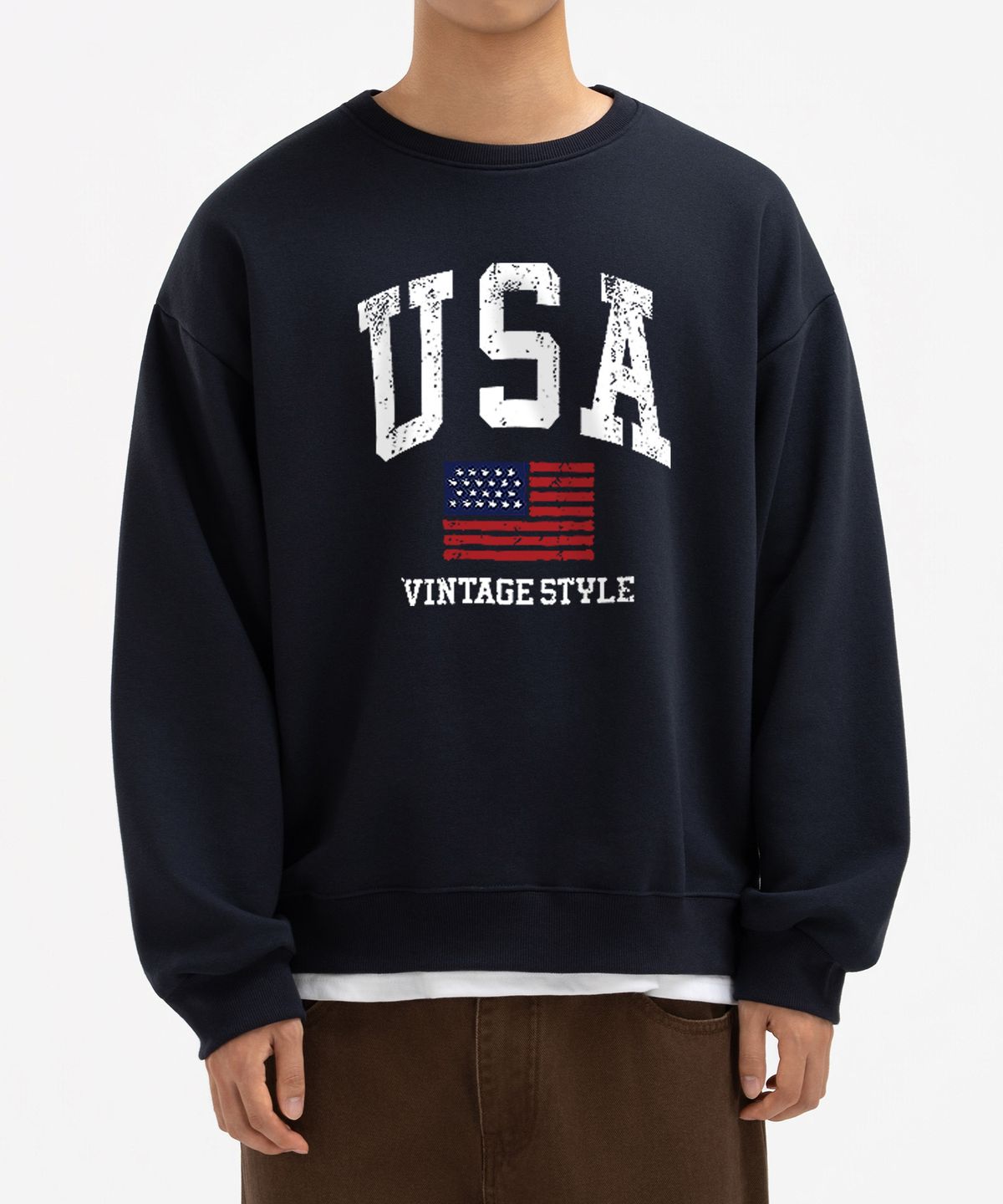 언더오프(UNDEROFF) 피치스킨 에센셜 빈티지USA 기모 맨투맨 네이비