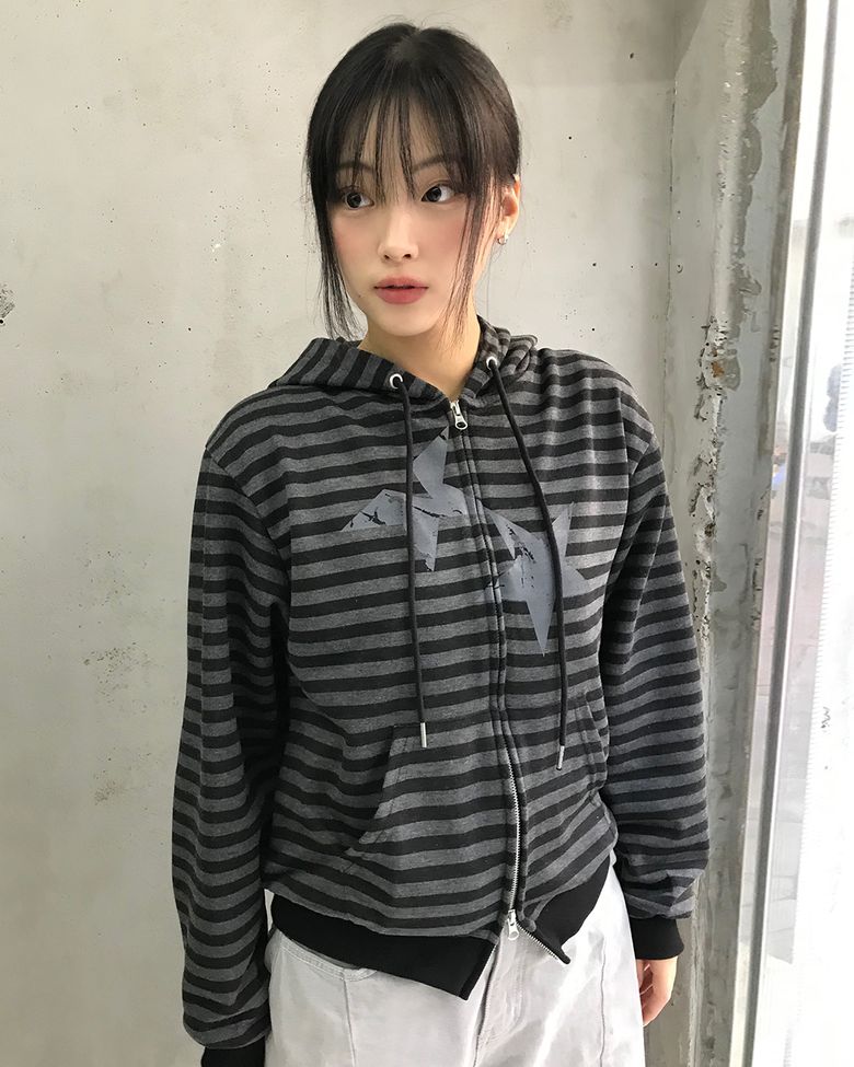 STRIPED TWIN STAR ZIP UP HOODIE BLACK(CV2FFUM499A)