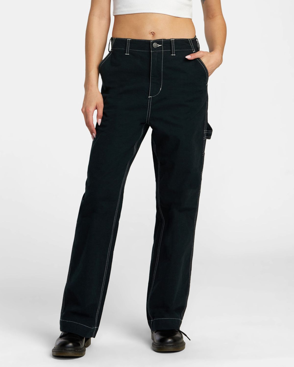 루카(RVCA) 여성 블랙 면 스티치 롱 와이드 팬츠(VE11LP304BLK)