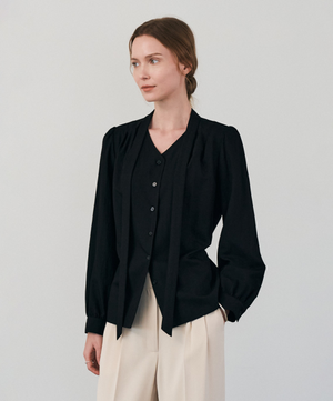 셔링 타이 블라우스_블랙